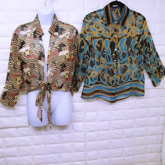 Lot of 2 Tops Sheer Blouses Geometric Patterned -M(10) Open-Front Button-up - Picture 2 of 13